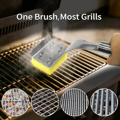 Replaceable Grill Brush Head Bristle Free BBQ Cleaner Rock Solid Scraping Blade for various grill grates in use.
