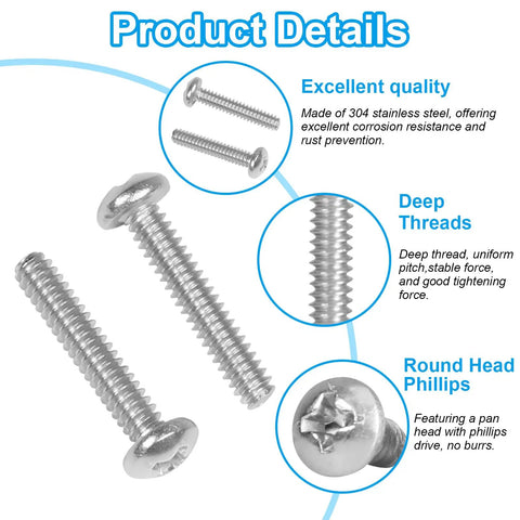 Built Tough 304 Stainless Steel Phillips Pan Head Machine Screws Size Ten Twenty Four By One Inch Long showing quality and thread details.
