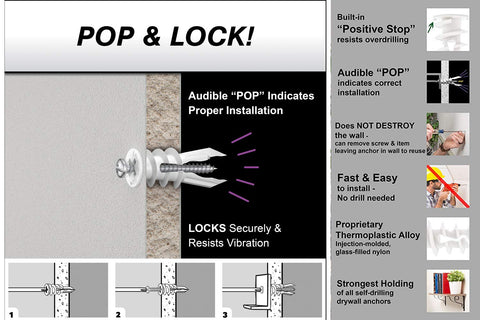 Diagram showing the installation and features of Your Go To 44 Piece Anchor Kit for Drywall and Concrete Mounting With Heavy Duty Toggle Bolts And Screws For TV Mounts Shelves Cabinets And Decor By Toggler.