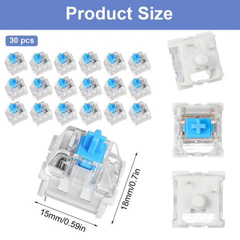 30Pcs Blue 3 Pin Mechanical Keyboard Switches With Clicky Tactile Feedback, Product Size Shown in 15mm x 18mm