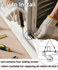 Person installing Pack Of Four Steel Sliding Screen Door Rollers Replacement Kit For Patio And Garage Doors with tools.