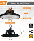 Heavy Duty Led High Bay Lights With Motion Sensor 8 Pack Adjustable Wattage Plug And Play Design Zero Ten V Dimming Smart Hue Tuning Knockout Brightness For Warehouses, showing dimensions and features including preinstalled hook.