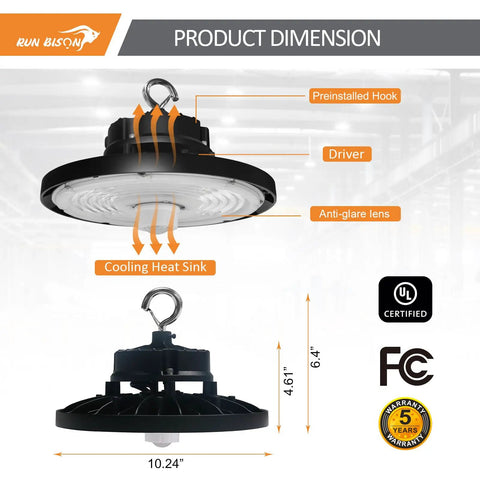 Heavy Duty Led High Bay Lights With Motion Sensor 8 Pack Adjustable Wattage Plug And Play Design Zero Ten V Dimming Smart Hue Tuning Knockout Brightness For Warehouses, showing dimensions and features including preinstalled hook.