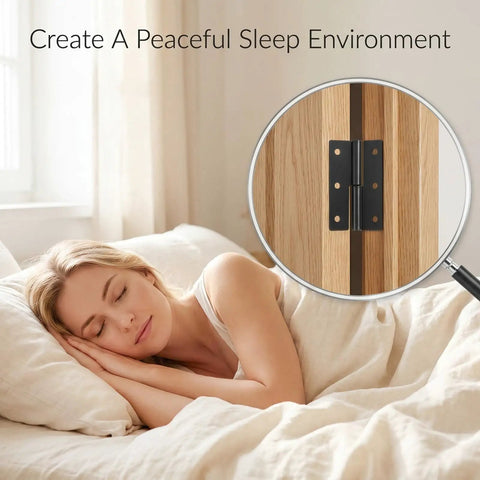 Sleeping woman with Four Pack Lift Off Door Hinges 2.5 By 1.5 Inches Stainless Steel inset, promoting silent operation.