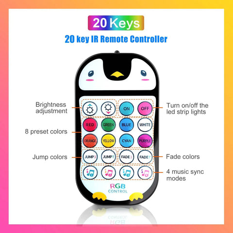 Penguin style remote for 65.6ft Bluetooth LED Strip Lights for Kids Bedroom Dope Music Sync RGB Color Changing Tape Lighting