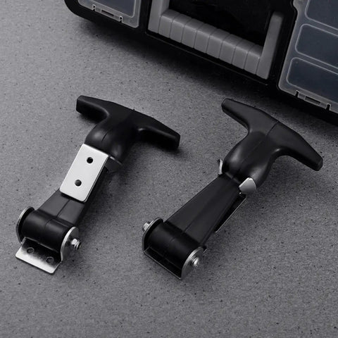 Stainless Steel 304 Rubber Door Latches With Toggle Clamps Four Pack for toolbox, close-up showing two latches on gray surface.