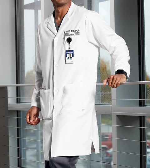 Man wearing Personalized Embroidered Lab Coat For Men 42 Inch Custom Name Text Medical Laboratory Coat Medium Size Durable Comfort Fit Add Your Name For A Pro Grade Lab Jacket.
