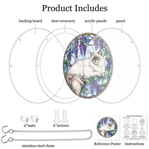 Acrylic Puzzle Suncatcher 83 Piece Cat Purple Wisteria DIY Kit components overview, including puzzle, backing board, and hardware.
