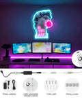 LED Art Neon Light Sign For Home Decor And Parties in room with monitors, adapter, dimmer, nails, flexible LED on acrylic plate.