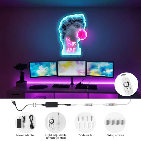 LED Art Neon Light Sign For Home Decor And Parties in room with monitors, adapter, dimmer, nails, flexible LED on acrylic plate.