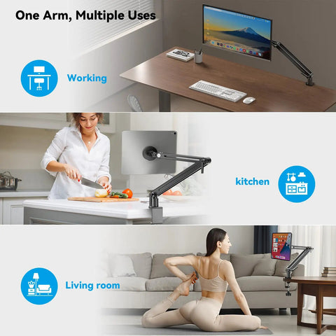Magnetic Portable Monitor Arm With 360 Degree Swivel Heavy Duty Aluminum Desk Clamp 75 By 75 VESA Support in various settings