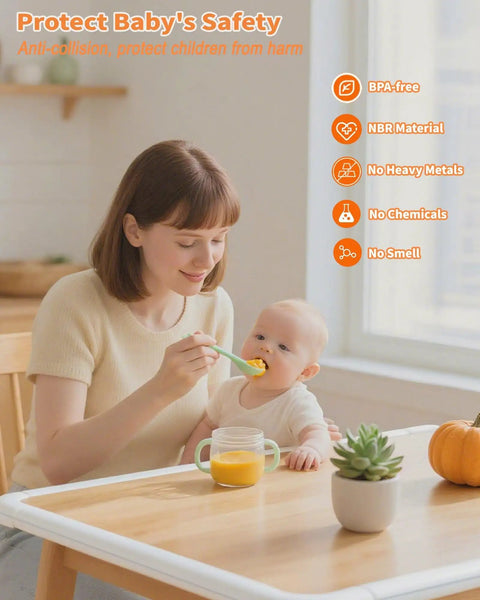 Mother feeding baby at a table with Thick As Nails L Shaped Baby Corner And Edge Guards 6.56 Feet Long Self Adhesive Pea Foam Bumper Strips.