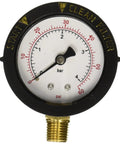 Front view of pressure gauge for Pentair high-flow relief valve; black bezel, white dial, brass threaded connector