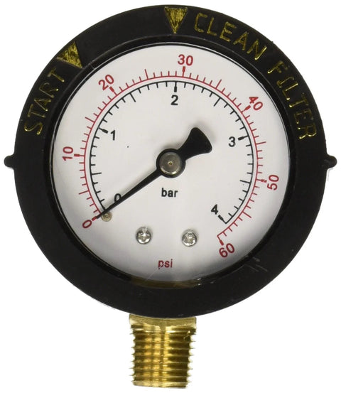 Front view of pressure gauge for Pentair high-flow relief valve; black bezel, white dial, brass threaded connector