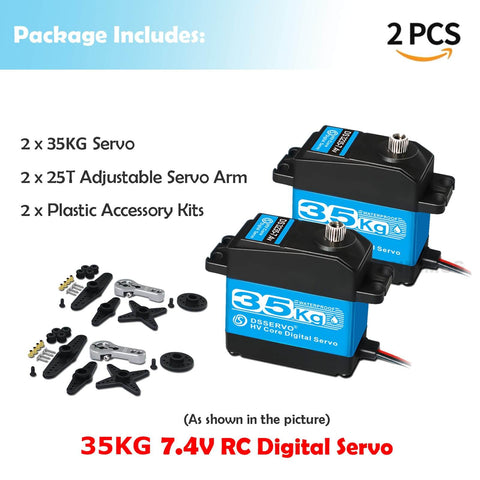 Pack Of 2 Beefy 35Kg High Torque RC Servo With 7.4V Digital Motor And Stainless Steel Gears Waterproof, accessories shown