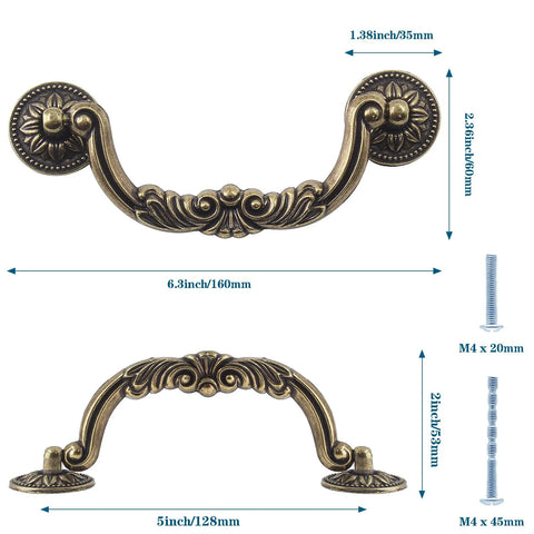 Antique Drop Bail Drawer Pulls Set Of 6 With 5 Inch Center To Center Holes And 6.4 Inch Overall Length Vintage Bronze Cabinet Handles
