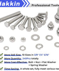 Beefy Hex Bolts And Nuts Kit 1/4-20, 5/16-18, 3/8-16 Stainless Steel 304 with flat and lock washers displayed