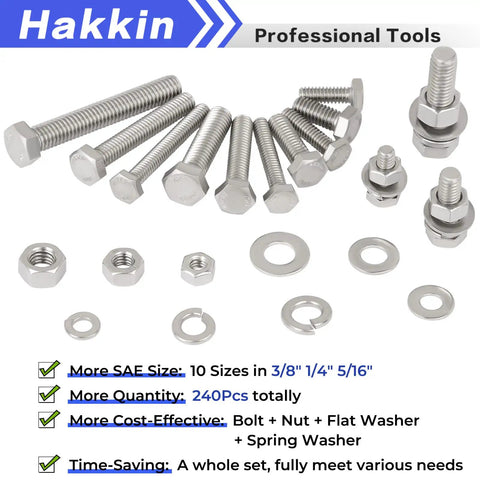 Beefy Hex Bolts And Nuts Kit 1/4-20, 5/16-18, 3/8-16 Stainless Steel 304 with flat and lock washers displayed
