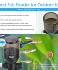 No Sweat Automatic Pond Fish Feeder With LCD Control And Spacious 5.5L Capacity Runs On DC 12V, showing dry storage for fish food.