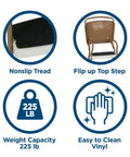Features of Stylaire Retro Chair And Step Stool With Flip Up Seat Black Vinyl Upholstery Chrome Steel Frame, including nonslip tread and easy clean vinyl.