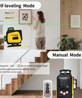 Self Leveling Laser Level With 4x360 Degree Green Beam Cross Line Coverage For Whole Room Remote Control And Rotatable Window For Picture Hanging And Home Renovation Precise Layout Vertical Calibration And Easy Positioning Pro Grade Precision shown in self-leveling and manual mode