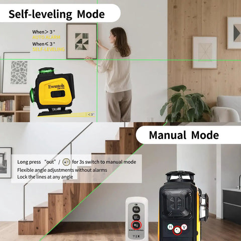 Self Leveling Laser Level With 4x360 Degree Green Beam Cross Line Coverage For Whole Room Remote Control And Rotatable Window For Picture Hanging And Home Renovation Precise Layout Vertical Calibration And Easy Positioning Pro Grade Precision shown in self-leveling and manual mode