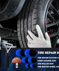 Hella Tough Tire Repair Patch Kit With Tungsten Steel Buffing Wheel Rubber Patches Roller And Scraper For Car Motorcycle Flat Fixes Quick Roadside Repairs In Three Sizes displayed with tools and tire.