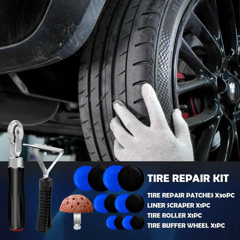Hella Tough Tire Repair Patch Kit With Tungsten Steel Buffing Wheel Rubber Patches Roller And Scraper For Car Motorcycle Flat Fixes Quick Roadside Repairs In Three Sizes displayed with tools and tire.