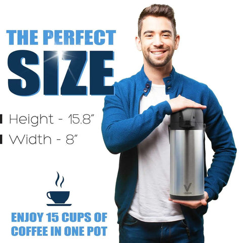 Man holding 85 Oz Insulated Airpot Coffee Carafe with Pump, Stainless Steel Beverage Dispenser