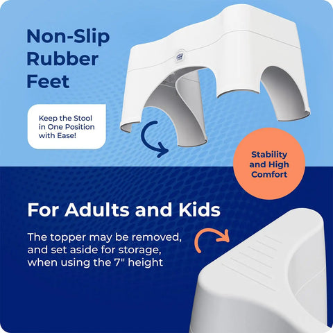 Adjustable Bathroom Toilet Stool With Removable Topper Converts To 7 Inch Or 9 Inch Heights Ergonomic for Adults and Kids shown
