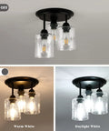 Semi Flush Mount Ceiling Light Fixture With Seeded Glass Shades, 3 Lights, Oil Rubbed Bronze Finish, lit and unlit views