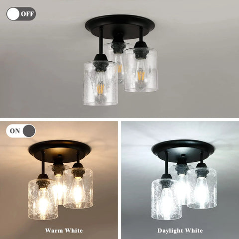 Semi Flush Mount Ceiling Light Fixture With Seeded Glass Shades, 3 Lights, Oil Rubbed Bronze Finish, lit and unlit views