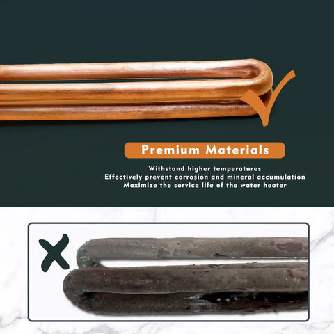 Comparison of polished copper and corroded heating elements for EcoSmart ECO 18 27 36 water heaters, highlighting durability.