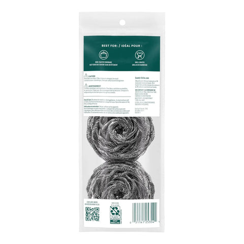 Back package view of Three Pack Stainless Steel Dish Scrubbers That Power Through Tough Grease And Burnt On Messes Heavy Duty Metal Scrub Pads