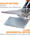 Close-up of Pro-Grade 6 Inch Sheet Metal Hand Seamer with ergonomic grip, straight jaw, showing non-slip pattern and 1/4 inch notches.