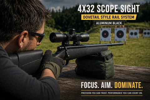 Shooter aiming with Compact 4x32 Air Rifle Scope With Mil Dot Reticle For Crosman RepeatAir 1077 Rings Included Matte Black Finish