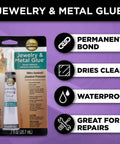 Jewelry And Metal Glue For Instant Bond, Waterproof And Clear Drying, 0.7 Ounce Tube, shown in packaging, promotes permanent bond.