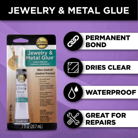 Jewelry And Metal Glue For Instant Bond, Waterproof And Clear Drying, 0.7 Ounce Tube, shown in packaging, promotes permanent bond.