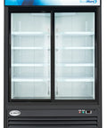 Top Shelf Commercial Glass Two Door Display Refrigerator And Upright Beverage Cooler With Bright LED Lighting For Drinks Prepared Foods And Groceries Straight Up 45 Cubic Foot Capacity In Sleek Black Finish with twin glass doors and adjustable shelves.