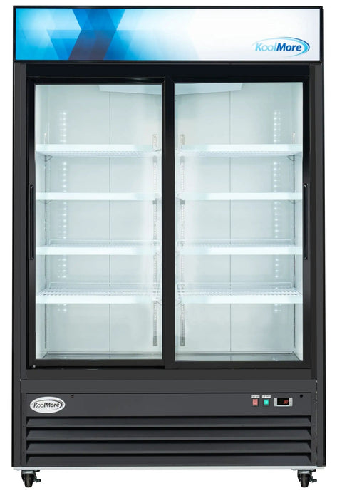 Top Shelf Commercial Glass Two Door Display Refrigerator And Upright Beverage Cooler With Bright LED Lighting For Drinks Prepared Foods And Groceries Straight Up 45 Cubic Foot Capacity In Sleek Black Finish with twin glass doors and adjustable shelves.
