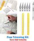 Installing White 3D Brick Wallpaper Roll Set with trimming kit and tools for faux brick texture decor on walls.