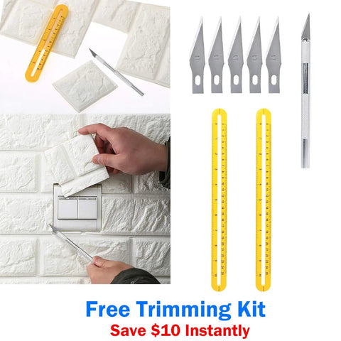 Installing White 3D Brick Wallpaper Roll Set with trimming kit and tools for faux brick texture decor on walls.