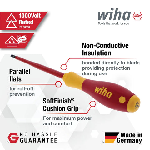Insulated SoftFinish VDE Screwdriver with cushioned grip, non-conductive insulation, and parallel flats for the 7 Piece Set Pro Grade VDE