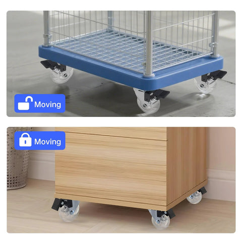 Crystal Clear 2 Inch Caster Wheels Set Of 8 With Brakes for carts and cabinets, 360 degree top plate, installed view.