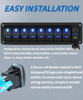 Beefed Up 8 Gang 12V Marine Rocker Switch Panel with PD Type C and USB Charger, LED Voltmeter, and blue backlights shown.