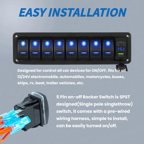 Beefed Up 8 Gang 12V Marine Rocker Switch Panel with PD Type C and USB Charger, LED Voltmeter, and blue backlights shown.