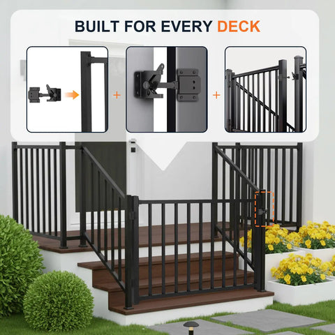 Tough As Nails Aluminum Deck Gate With Self Closing Hinge And Rust Proof Latch Setup For Screen Porch Fence shown installed.
