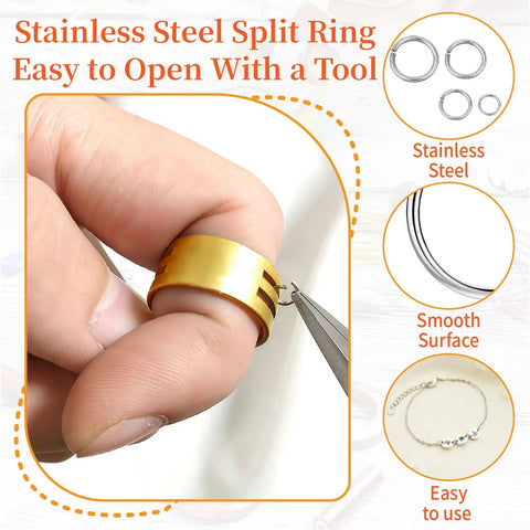 Person using tool to open stainless steel split ring for jewelry making, highlighted features include durability and easy use