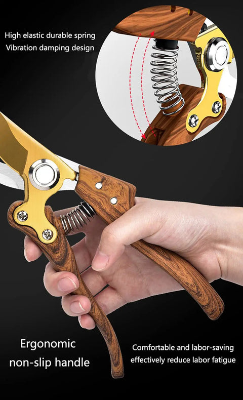 Hand holding Heavy Duty Garden Pruning Shears With Japanese SK4 High Carbon Steel Blade, wood grain handle, side view