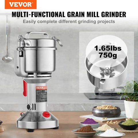 Beast Power 2000W Electric Grain Mill Grinder with 750g capacity and stainless steel body on kitchen counter.